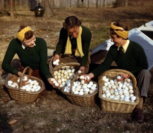 World War Two. England. March, 1944. Land army girls with a large basket of freshly laid eggs as they breed chicks at redlands poultry farm at South Holmwood in Surrey.